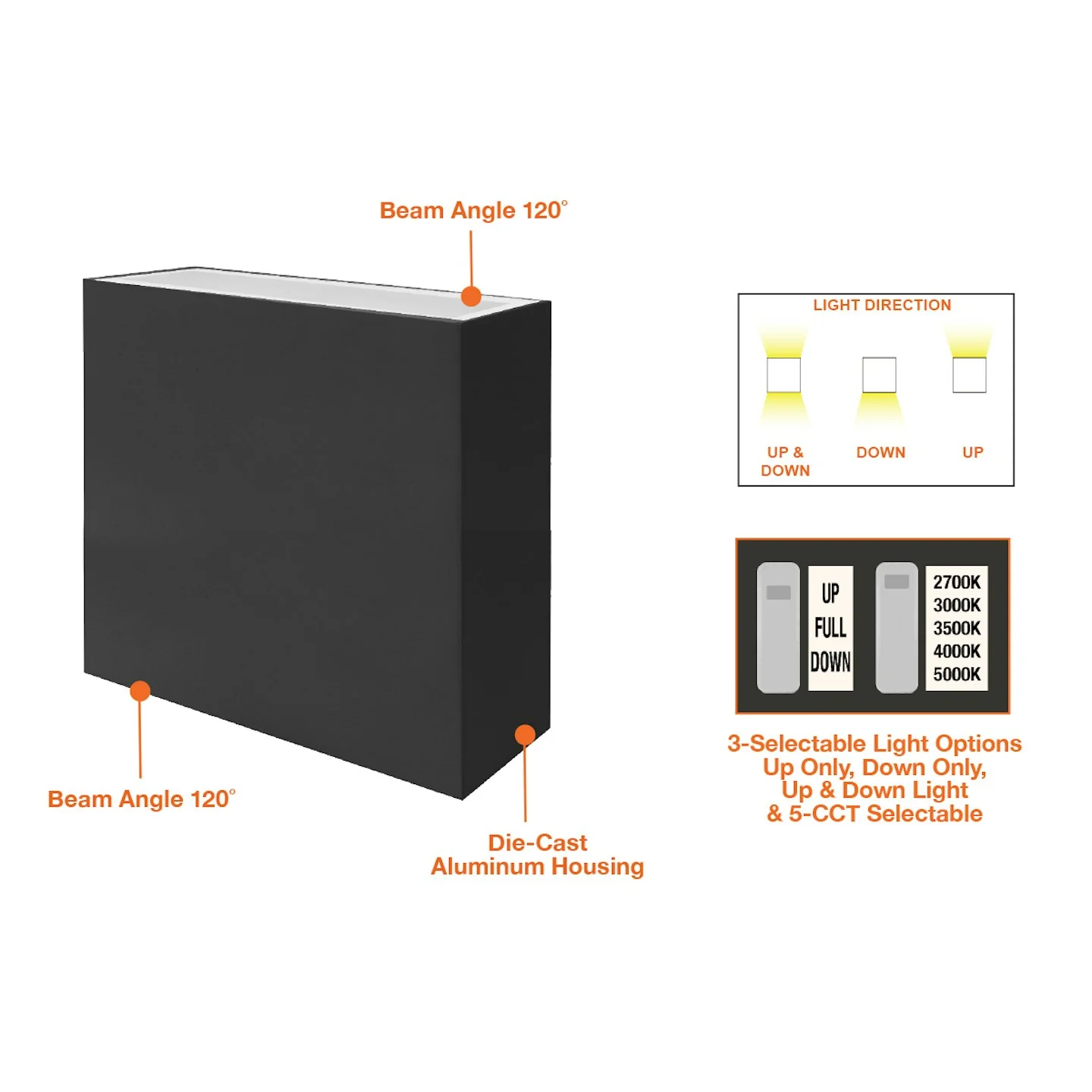 12" LED Up/Down Square Wall Sconce, 2700 Lumens, 30W, CCT Selectable, 120-277V, White or Black Finish - Image 3
