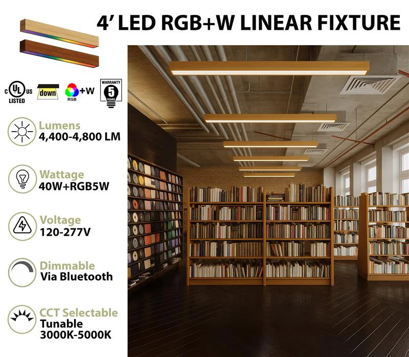 4FT LED RGBW Linear Fixture, 4800 Lumen Max, 40W, CCT Selectable, 120-277V, Natural or Teak Wood Finish - Image 2