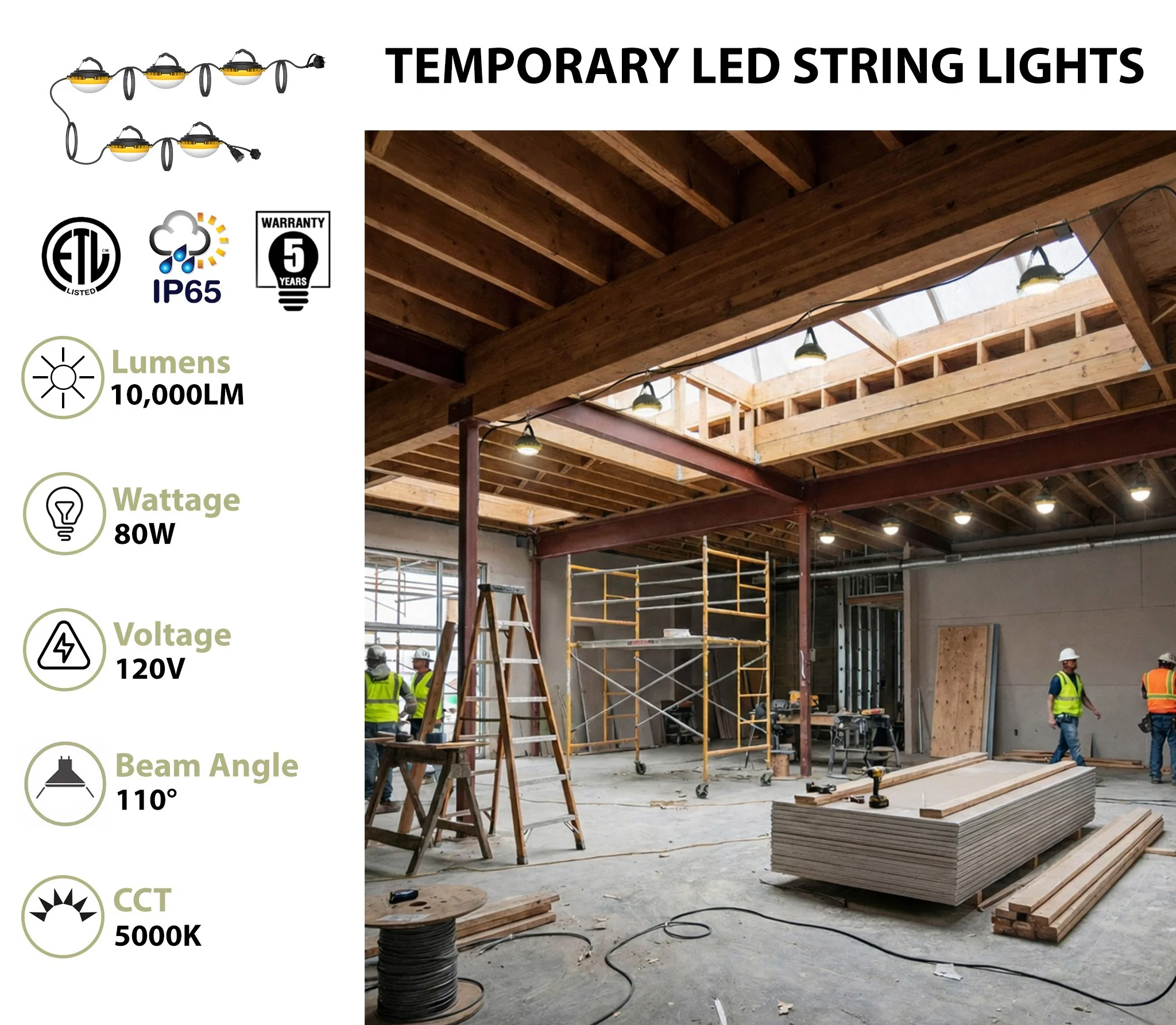 50FT Temporary LED Stringer Work Lights, 80W, 10,000 Lumens, 5000K, 120V, Set of 5 - Image 2