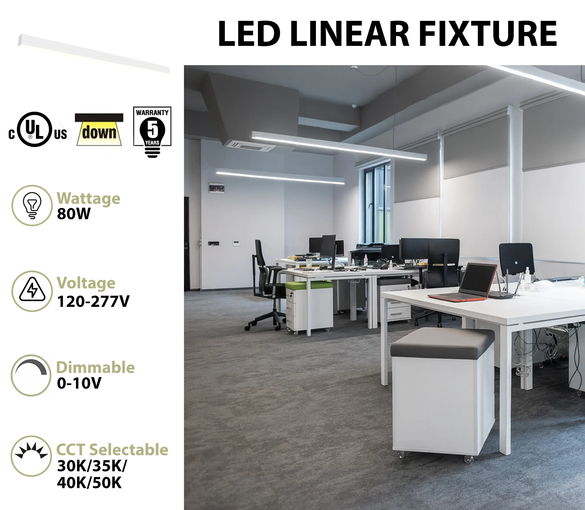 8 FT LED Linear Fixture, 8800 Lumens, 80W, CCT Selectable, 120-277V, White Finish, Canopy Kit Included - Image 2