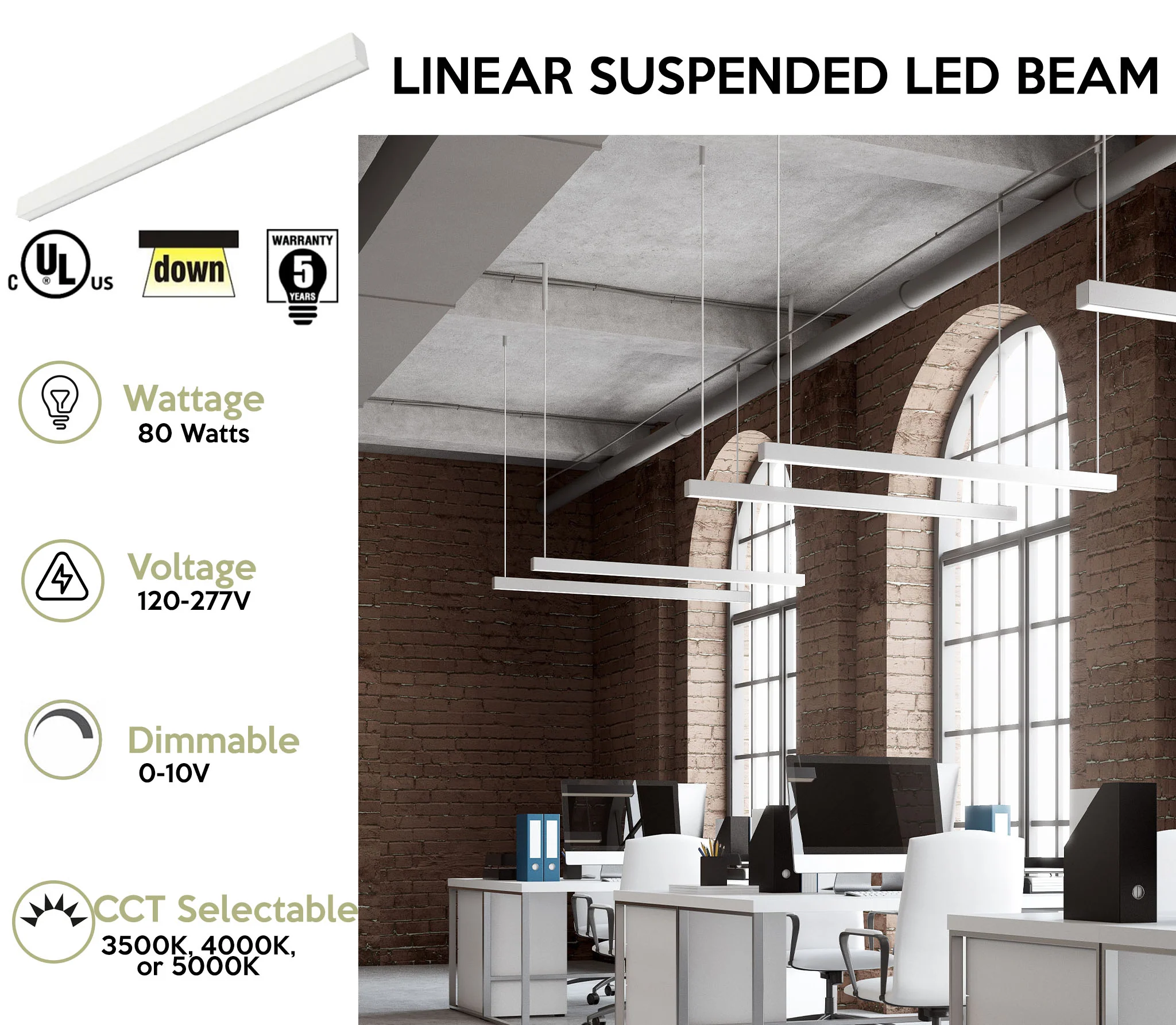 8 FT Linear Suspended LED Beam, 9200 Lumen Max, 80W, CCT Selectable, 0-10V Dimmable, 120-277V, Transparent Frosted Housing, Power Feed Cable Included - Image 3