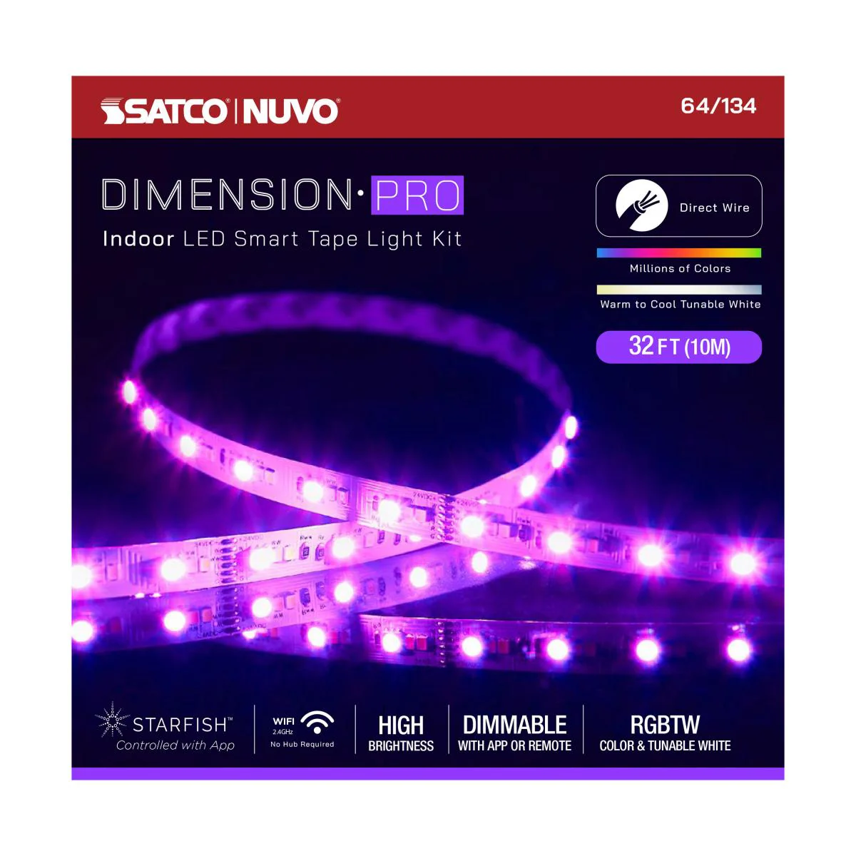 Dimension Pro, Tape Light Strip, 32 ft, Hi-Output, RGB plus Tunable White, J-Box connection, Starfish IOT Capable, IR Remote Included - Image 2