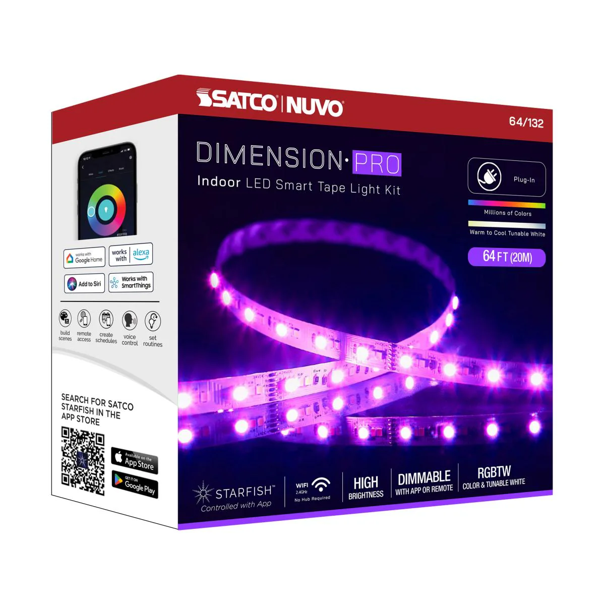 Dimension Pro, Tape Light Strip; 64 ft, Hi-Output, RGB plus Tunable White, Plug connection, Starfish IOT Capable, IR Remote Included - Image 16