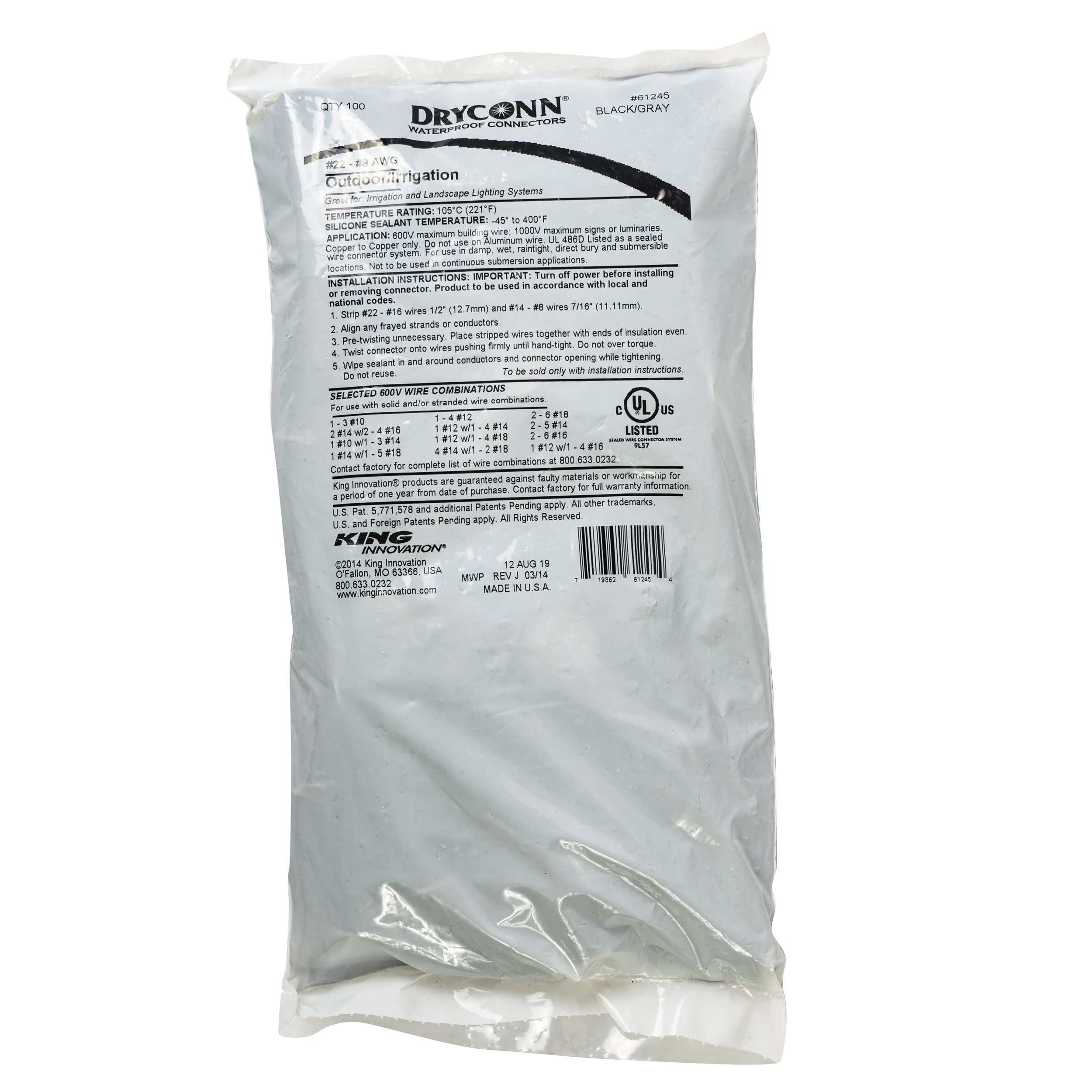 King Innovation 61245 Dryconn Waterproof Wire Connector, Black/Gray; 100/Bag - Image 7