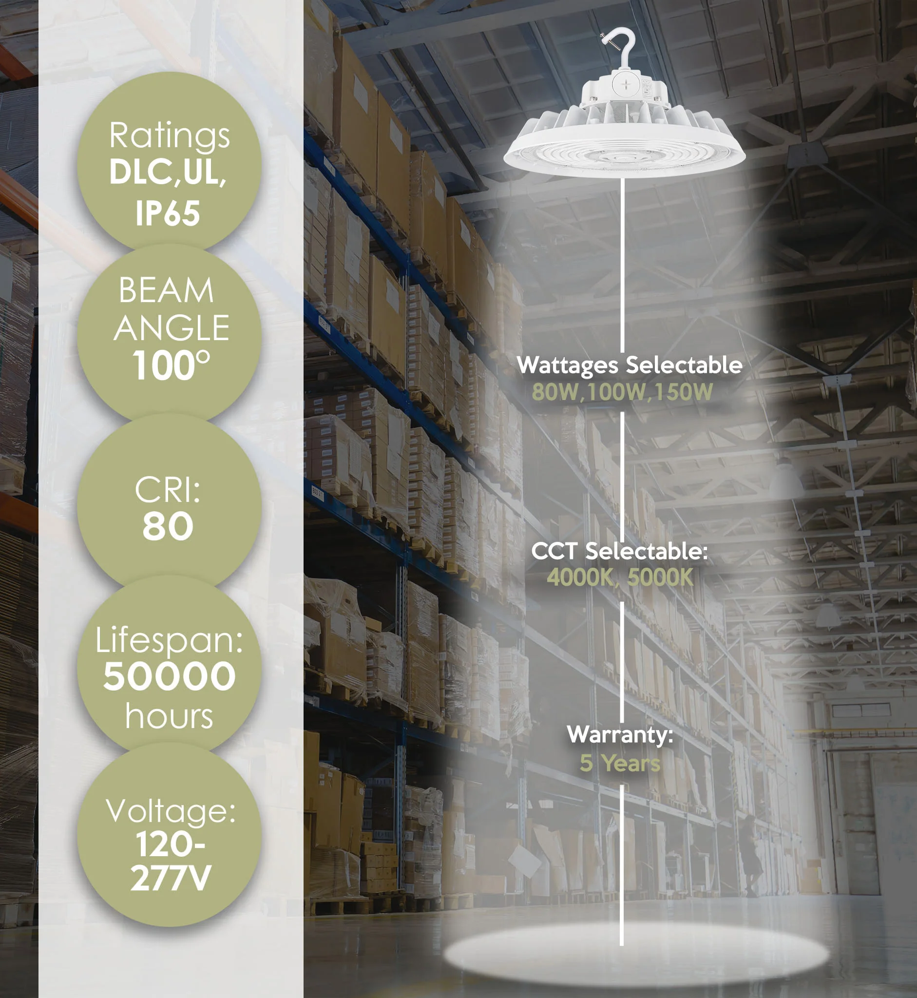 LED UFO High Bay, 22,500 Lumen Max, Wattage and CCT Selectable, White, 120-277V - Image 2