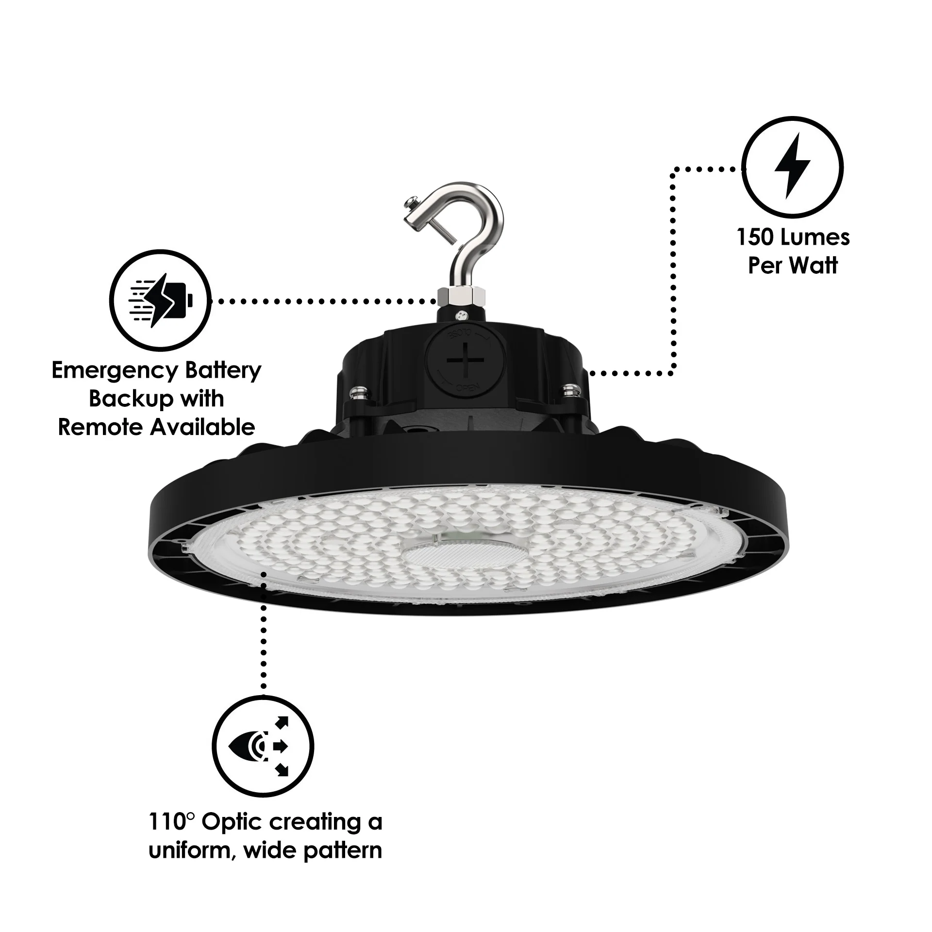 Static LED UFO High Bay, 22,500 Lumens, 150 Watt, 5000K, 120-277V, Black Finish - Image 3
