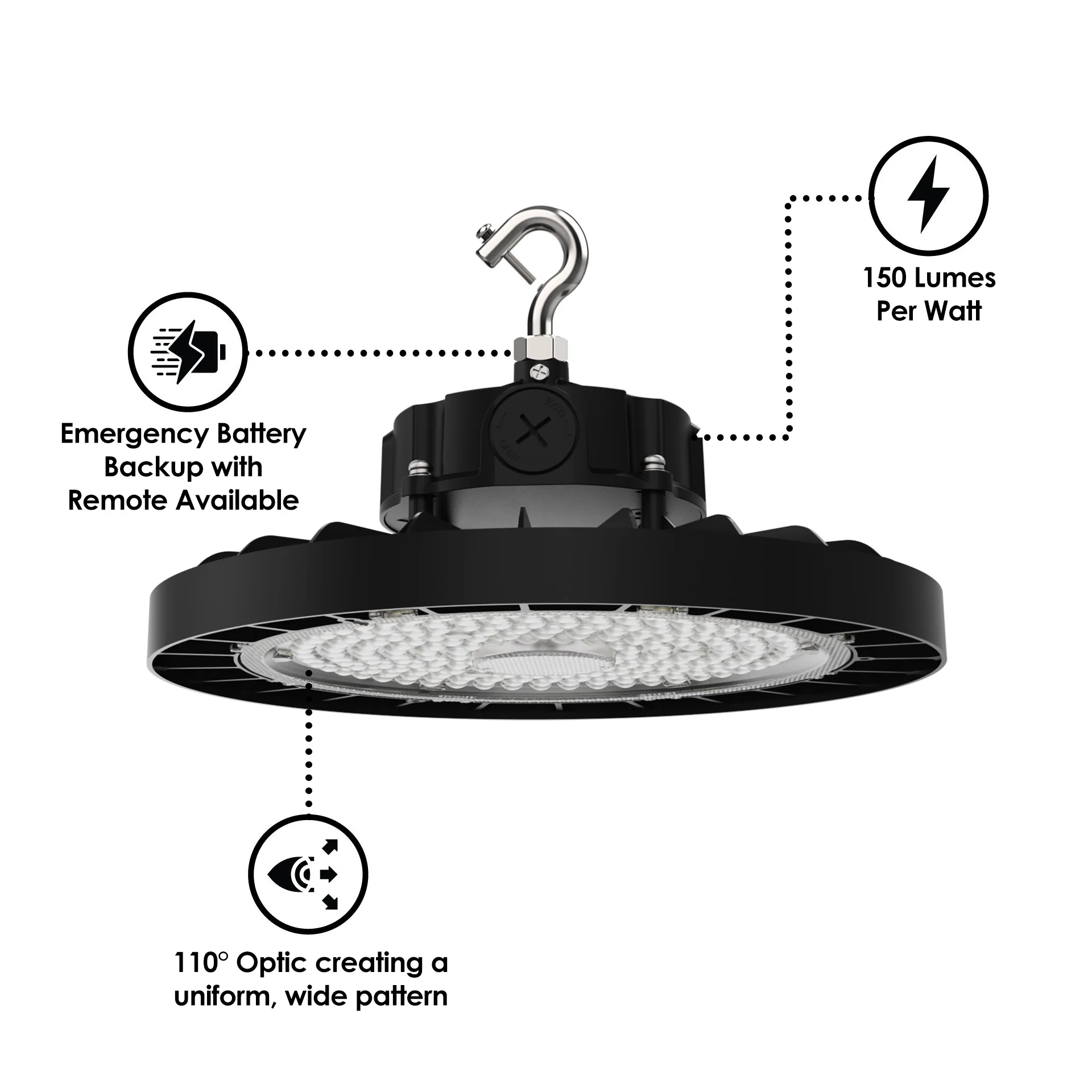 Static LED UFO High Bay, 30,000 Lumens, 200 Watt, 5000K, 120-277V, Black Finish - Image 3