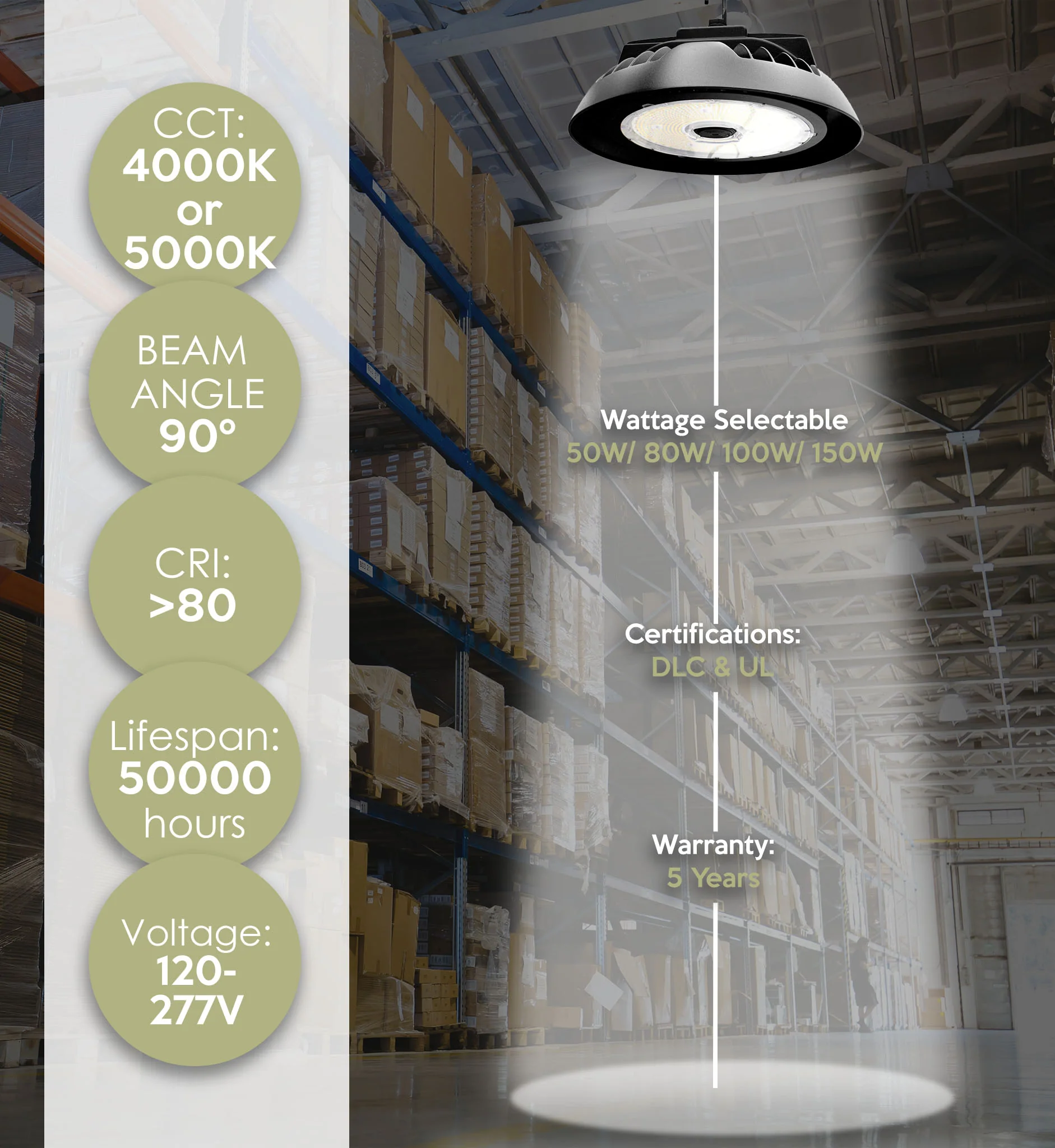 Westgate LED High Lumen UFO High Bay, 50W/80W/100W/150W, CCT Selectable 3000K/4000K/5000K/5700K, 480V - Image 3